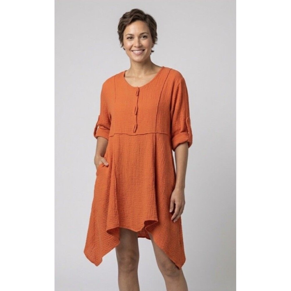 IC by Connie K Orange Crinkle Toggle Asymmetric Tunic Top M